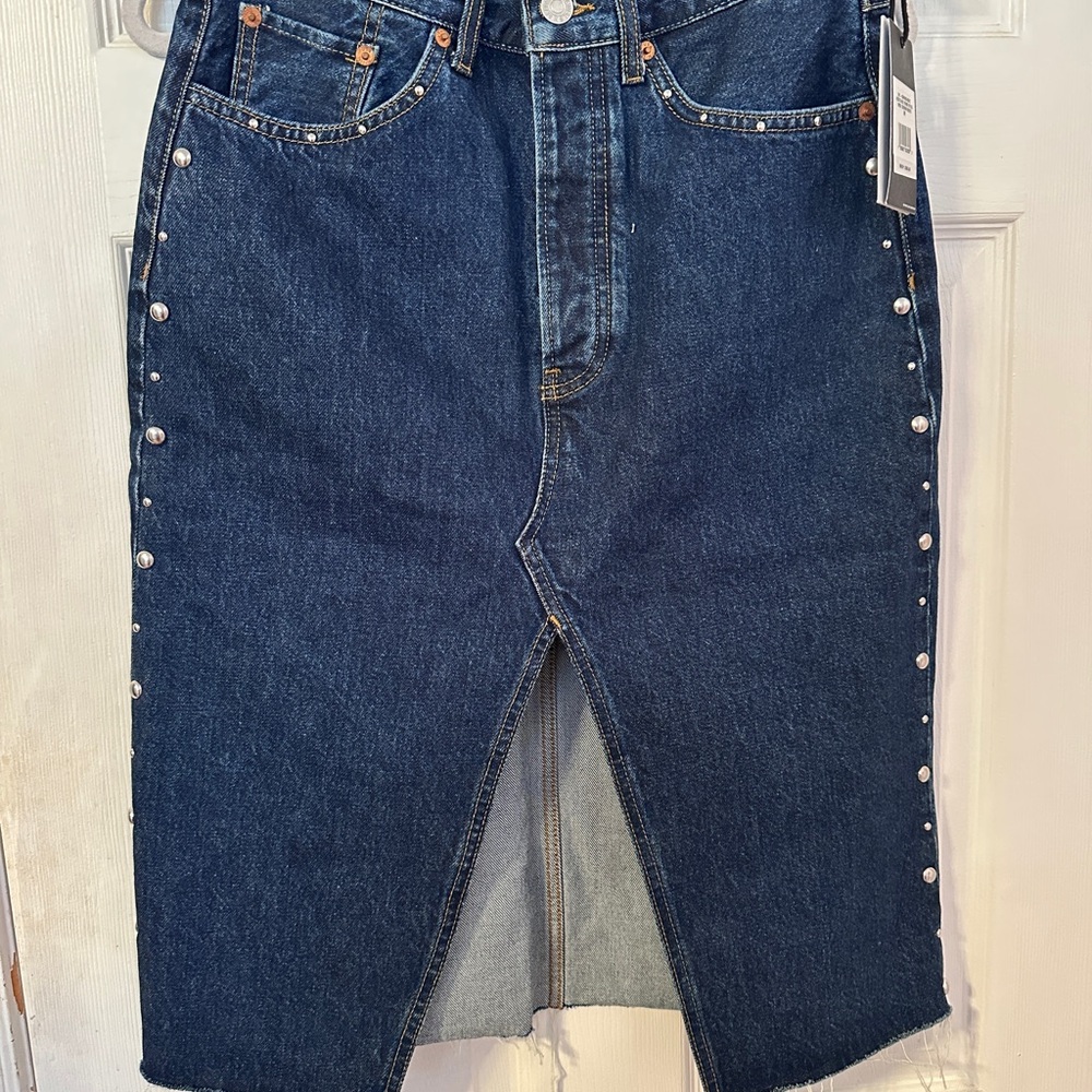 Re/Done Dark Wash Denim Midi Skirt with Front Slit and Side Studs